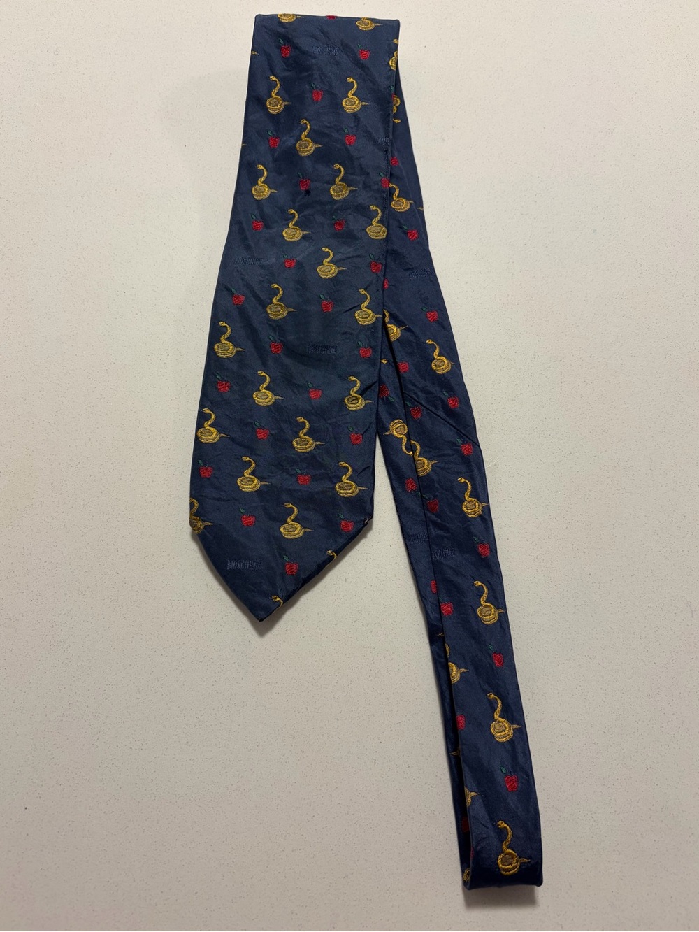 VINTAGE MOSCHINO Silk Adam & Eve-Inspired Apple + Snake Logo Novelty Necktie